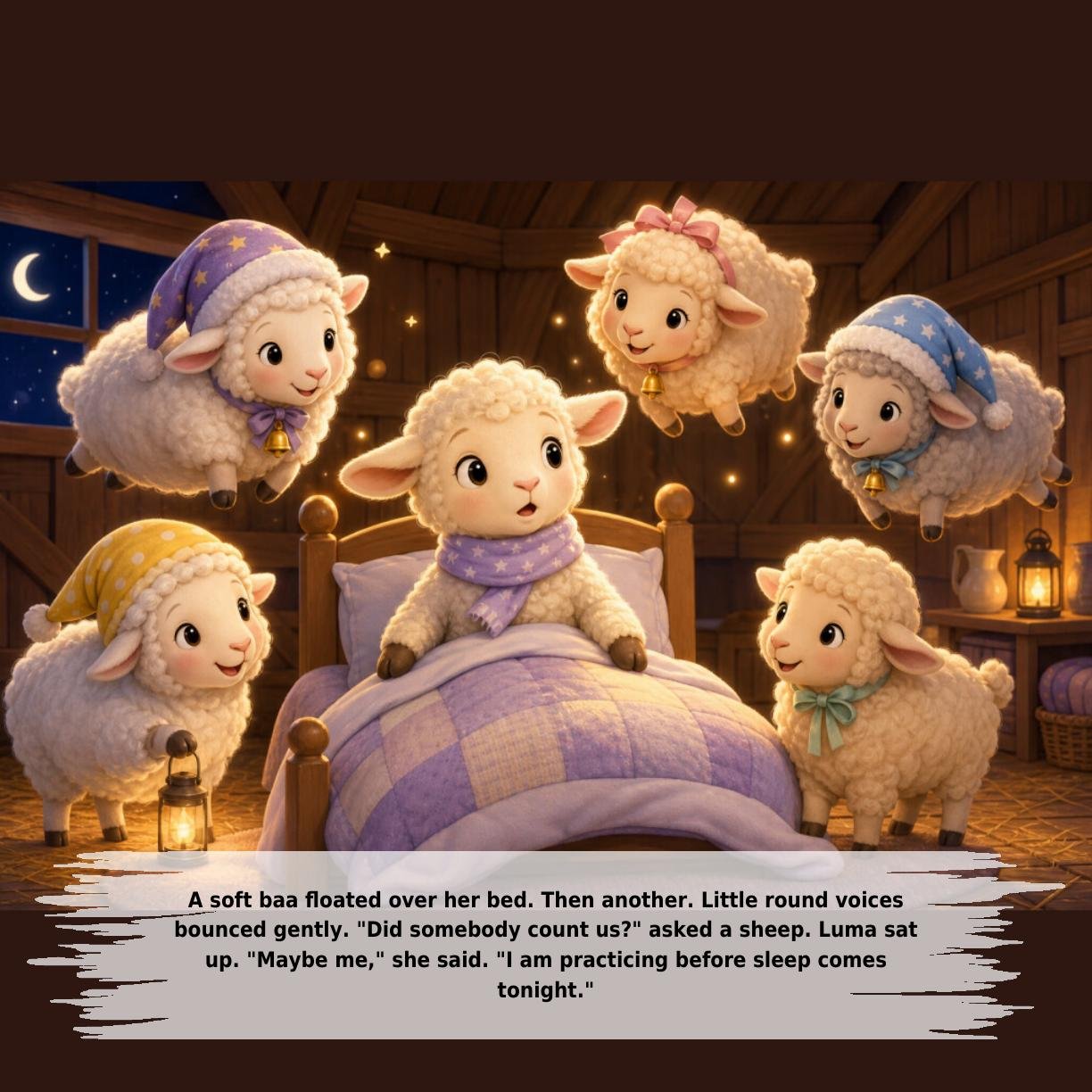 A soft baa floated over her bed. Then another. Little round voices
bounced gently. "Did somebody count us?" asked a sheep. Luma sat
up. "Maybe me," she said. "I am practicing before sleep comes
tonight."
