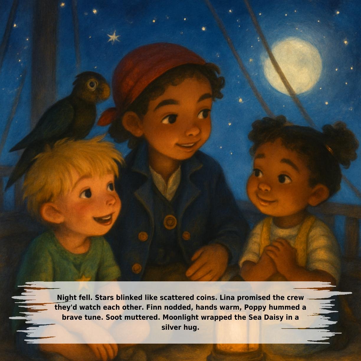 Night fell. Stars blinked like scattered coins. Lina promised the crew
they'd watch each other. Finn nodded, hands warm, Poppy hummed a
brave tune. Soot muttered. Moonlight wrapped the Sea Daisy in a
silver hug.