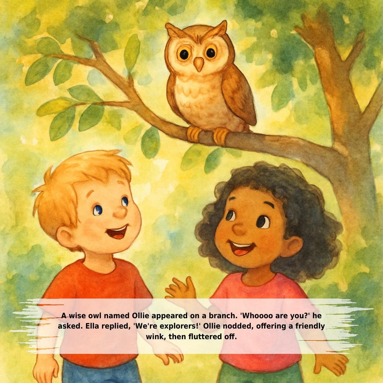 A wise owl named Ollie appeared on a branch. 'Whoooo are you?' he
asked. Ella replied, 'We're explorers!' Ollie nodded, offering a friendly
wink, then fluttered off.
