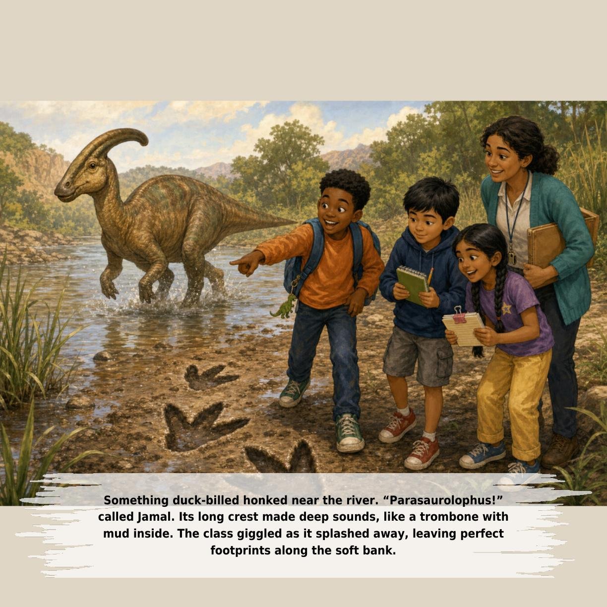 Something duck-billed honked near the river. “Parasaurolophus!”
called Jamal. Its long crest made deep sounds, like a trombone with
mud inside. The class giggled as it splashed away, leaving perfect
footprints along the soft bank.