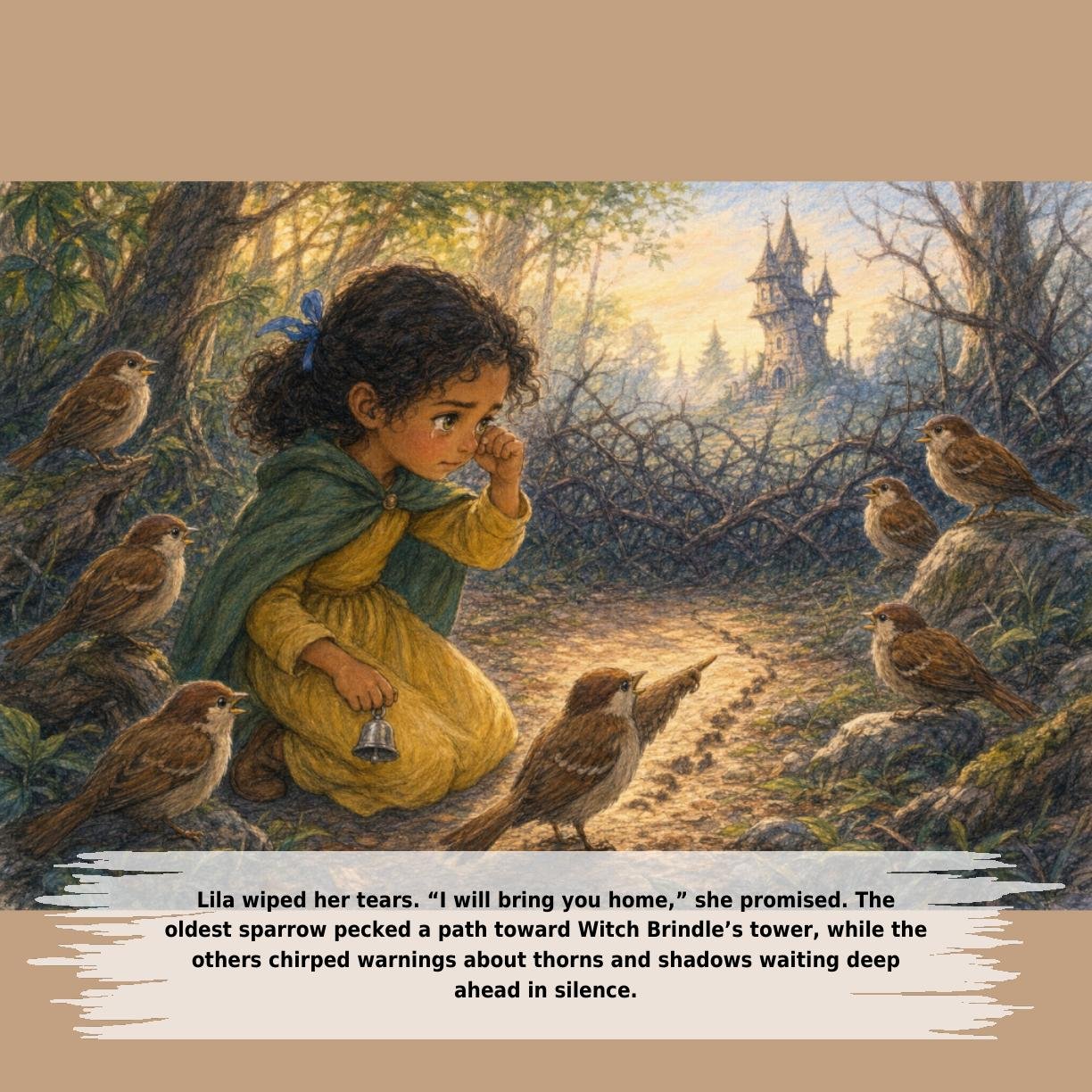 Lila wiped her tears. “I will bring you home,” she promised. The
oldest sparrow pecked a path toward Witch Brindle’s tower, while the
others chirped warnings about thorns and shadows waiting deep
ahead in silence.