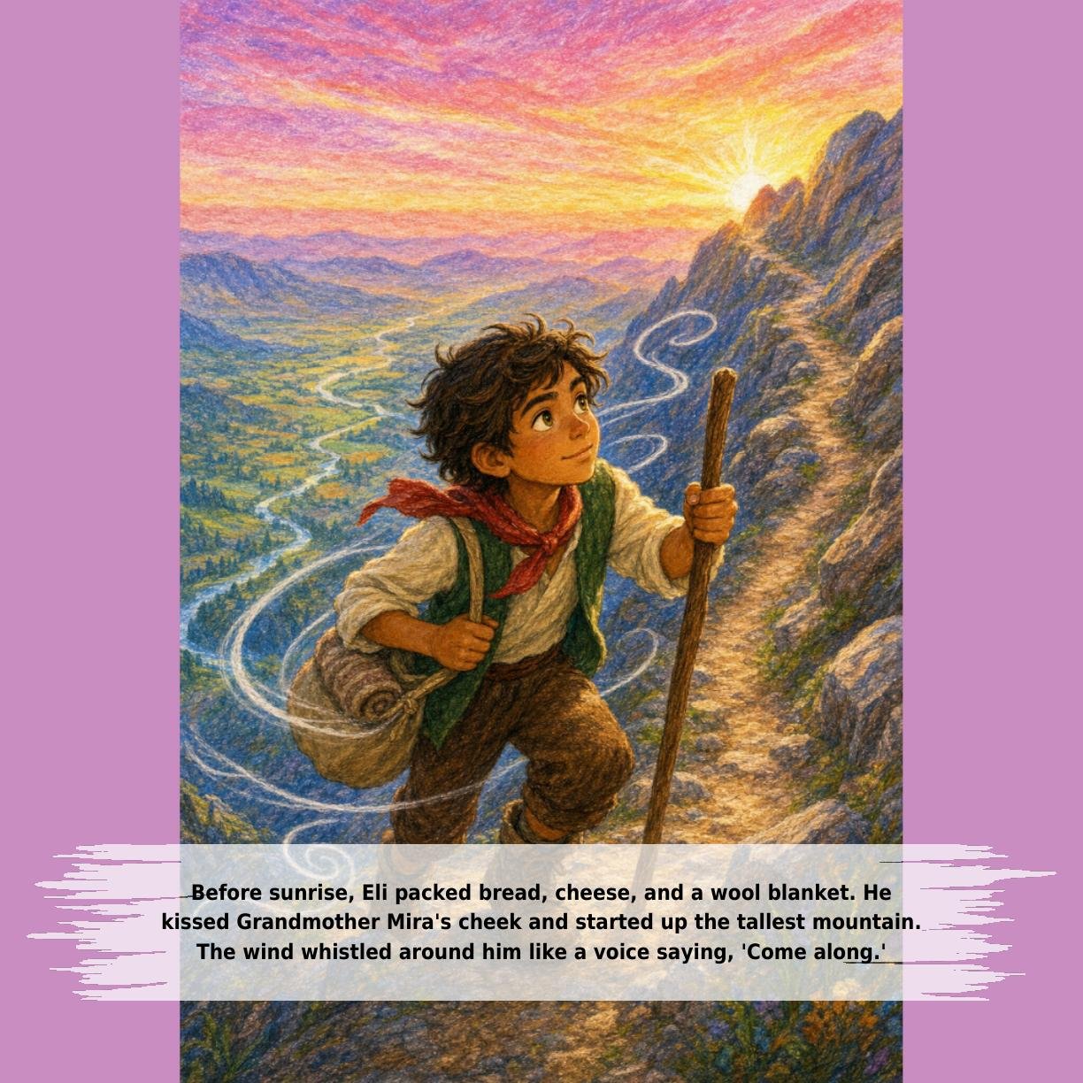 Before sunrise, Eli packed bread, cheese, and a wool blanket. He
kissed Grandmother Mira's cheek and started up the tallest mountain.
The wind whistled around him like a voice saying, 'Come along.'