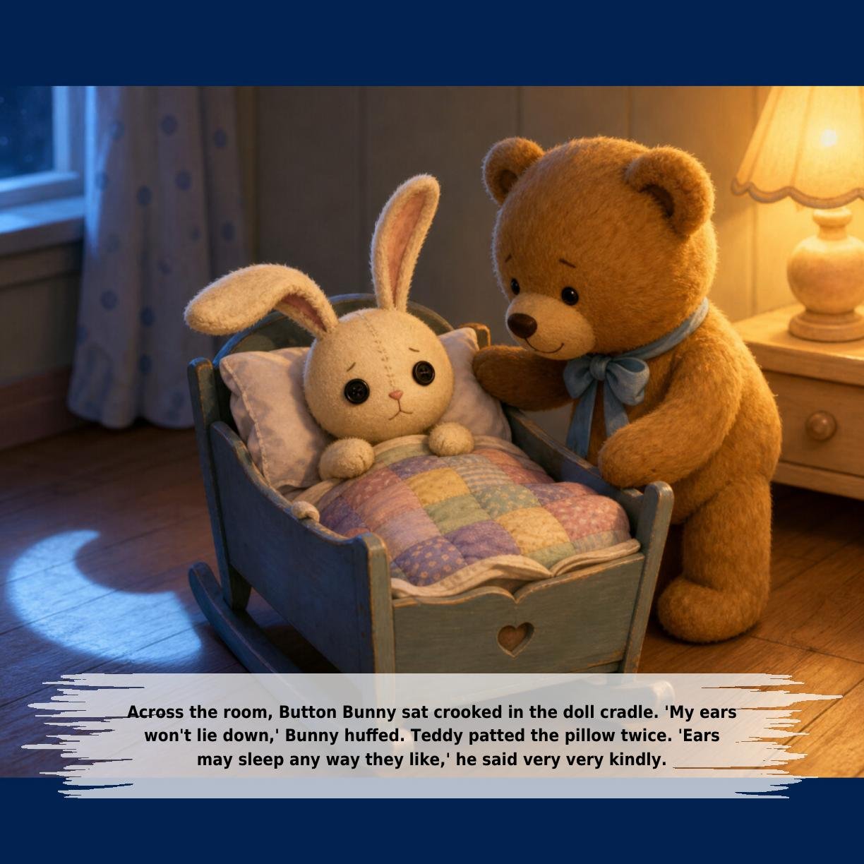 Across the room, Button Bunny sat crooked in the doll cradle. 'My ears
won't lie down,' Bunny huffed. Teddy patted the pillow twice. 'Ears
may sleep any way they like,' he said very very kindly.