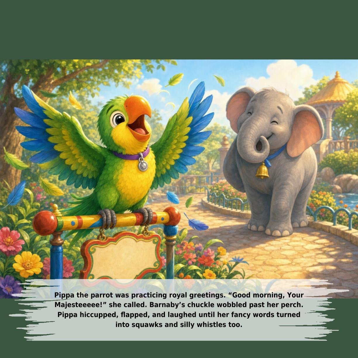 Pippa the parrot was practicing royal greetings. “Good morning, Your
Majesteeeee!” she called. Barnaby’s chuckle wobbled past her perch.
Pippa hiccupped, flapped, and laughed until her fancy words turned
into squawks and silly whistles too.