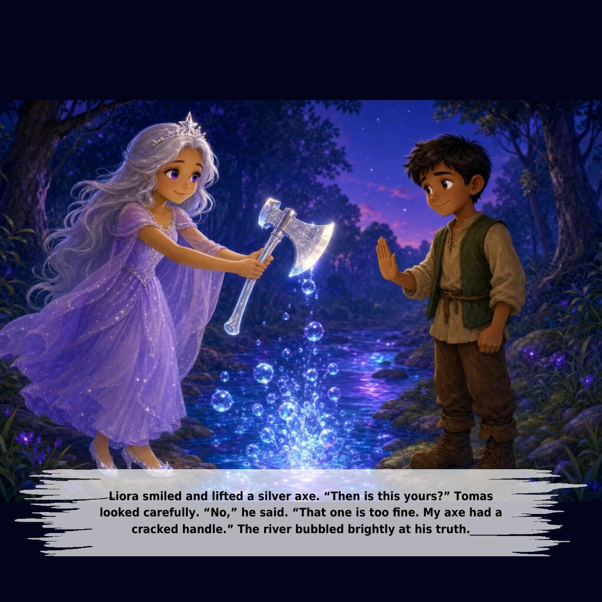 Liora smiled and lifted a silver axe. “Then is this yours?” Tomas
looked carefully. “No,” he said. “That one is too fine. My axe had a
cracked handle.” The river bubbled brightly at his truth.