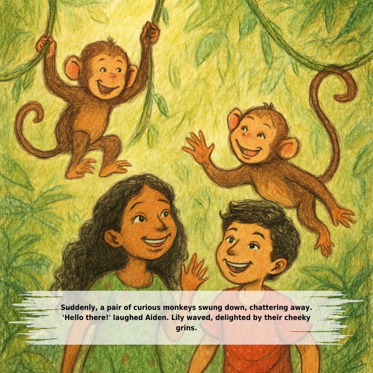 Suddenly, a pair of curious monkeys swung down, chattering away.
'Hello there!' laughed Aiden. Lily waved, delighted by their cheeky
grins.
