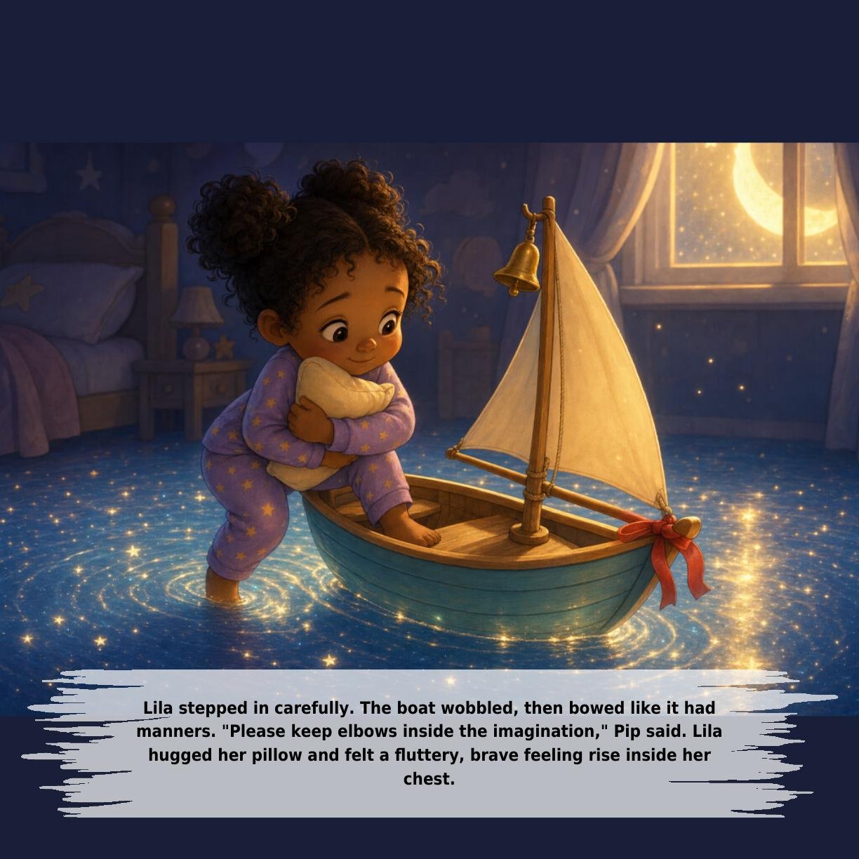 Lila stepped in carefully. The boat wobbled, then bowed like it had
manners. "Please keep elbows inside the imagination," Pip said. Lila
hugged her pillow and felt a fluttery, brave feeling rise inside her
chest.