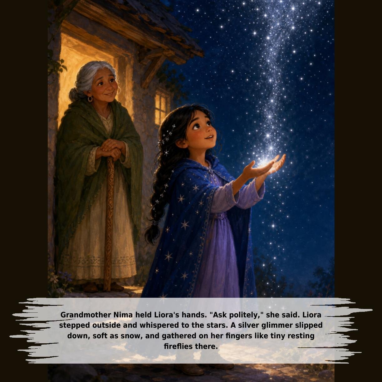 Grandmother Nima held Liora's hands. "Ask politely," she said. Liora
stepped outside and whispered to the stars. A silver glimmer slipped
down, soft as snow, and gathered on her fingers like tiny resting
fireflies there.