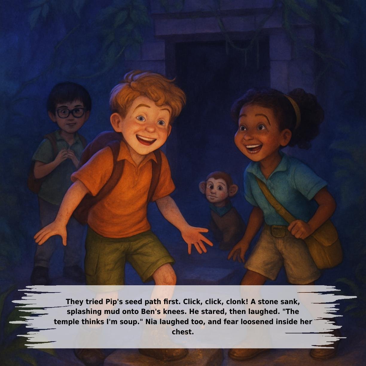 They tried Pip's seed path first. Click, click, clonk! A stone sank,
splashing mud onto Ben's knees. He stared, then laughed. "The
temple thinks I'm soup." Nia laughed too, and fear loosened inside her
chest.