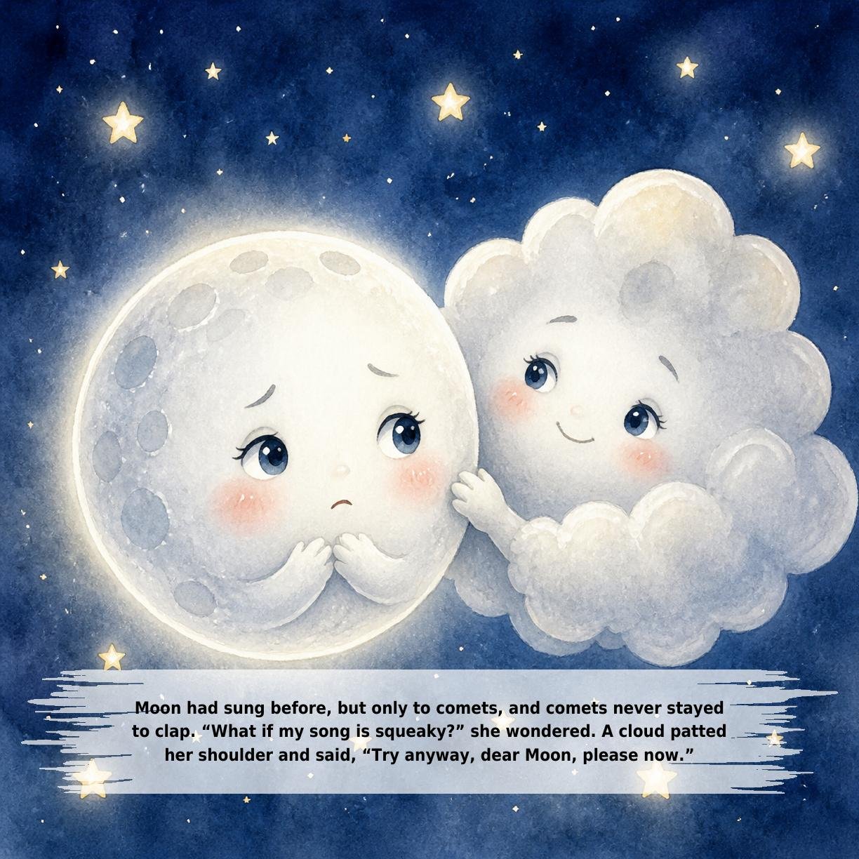 Moon had sung before, but only to comets, and comets never stayed
to clap. “What if my song is squeaky?” she wondered. A cloud patted
her shoulder and said, “Try anyway, dear Moon, please now.”