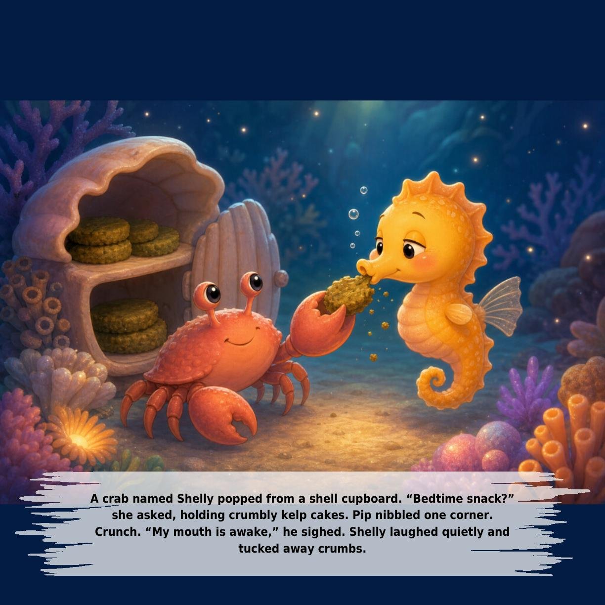 A crab named Shelly popped from a shell cupboard. “Bedtime snack?”
she asked, holding crumbly kelp cakes. Pip nibbled one corner.
Crunch. “My mouth is awake,” he sighed. Shelly laughed quietly and
tucked away crumbs.