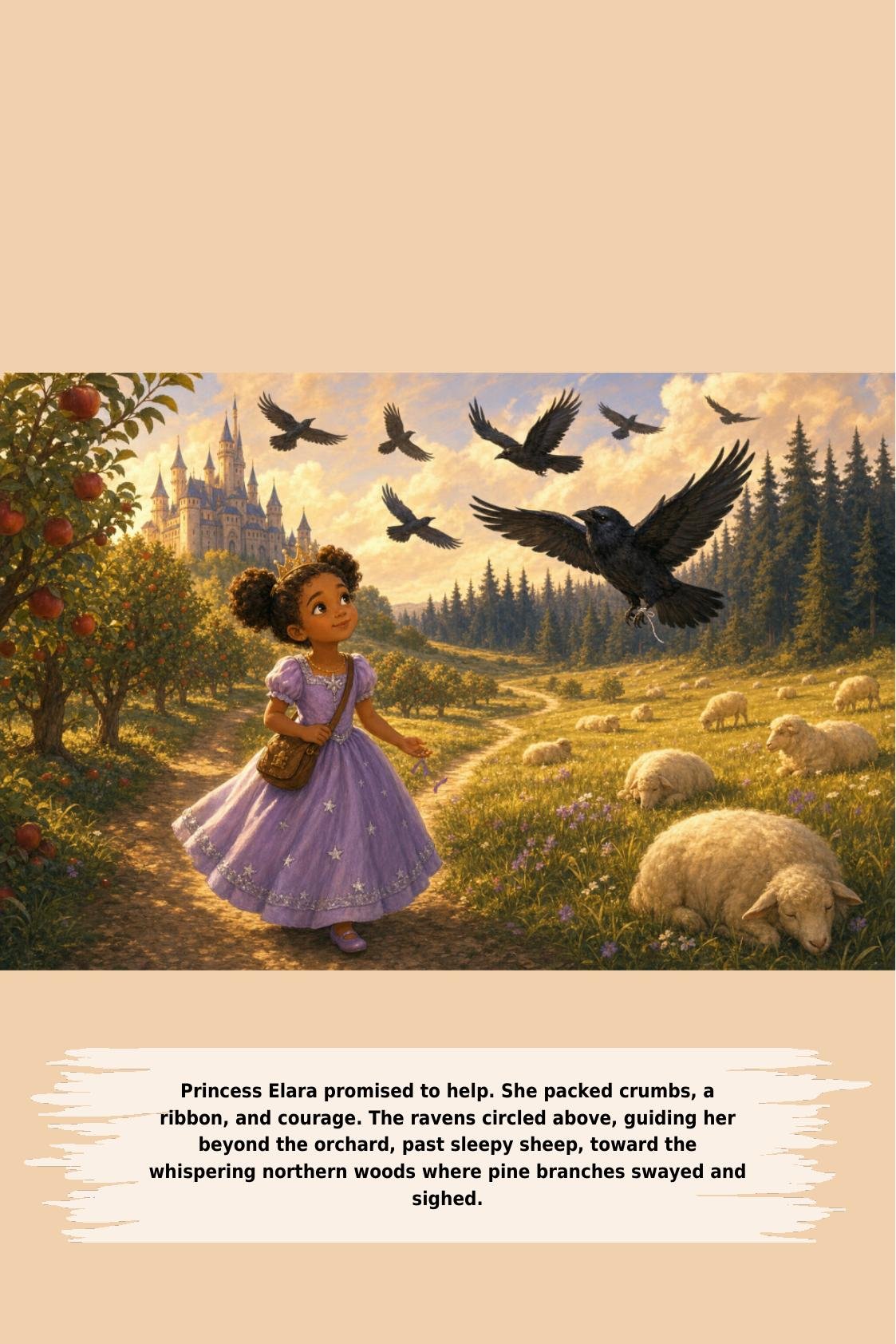 Princess Elara promised to help. She packed crumbs, a
ribbon, and courage. The ravens circled above, guiding her
beyond the orchard, past sleepy sheep, toward the
whispering northern woods where pine branches swayed and
sighed.