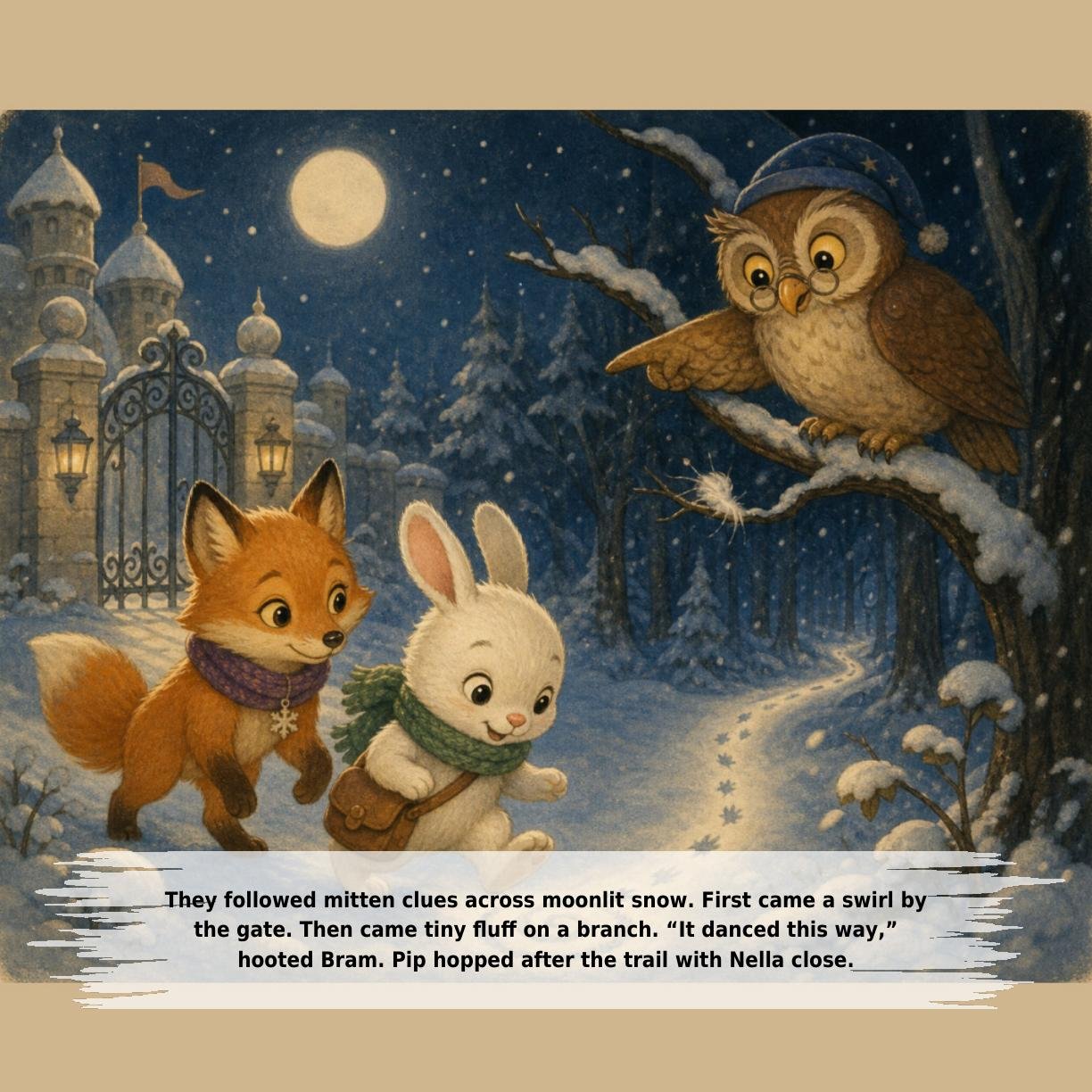 They followed mitten clues across moonlit snow. First came a swirl by
the gate. Then came tiny fluff on a branch. “It danced this way,”
hooted Bram. Pip hopped after the trail with Nella close.