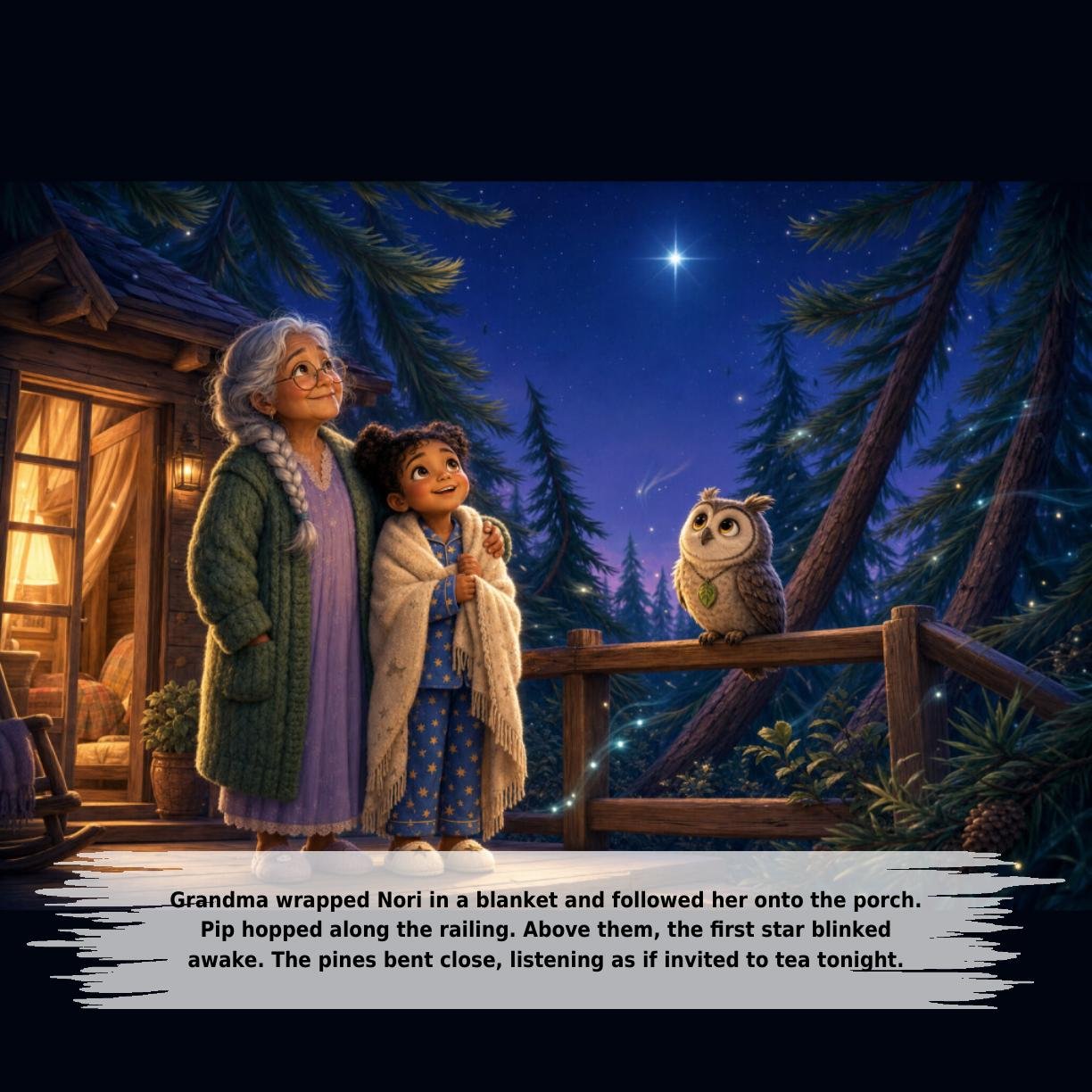 Grandma wrapped Nori in a blanket and followed her onto the porch.
Pip hopped along the railing. Above them, the first star blinked
awake. The pines bent close, listening as if invited to tea tonight.