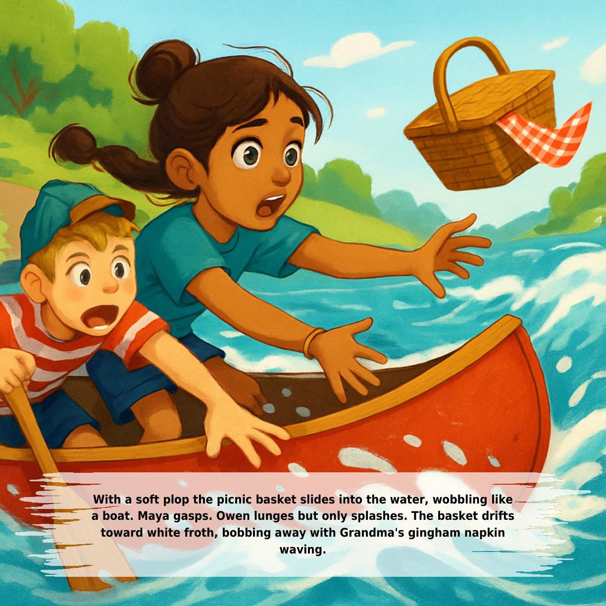 With a soft plop the picnic basket slides into the water, wobbling like
a boat. Maya gasps. Owen lunges but only splashes. The basket drifts
toward white froth, bobbing away with Grandma's gingham napkin
waving.