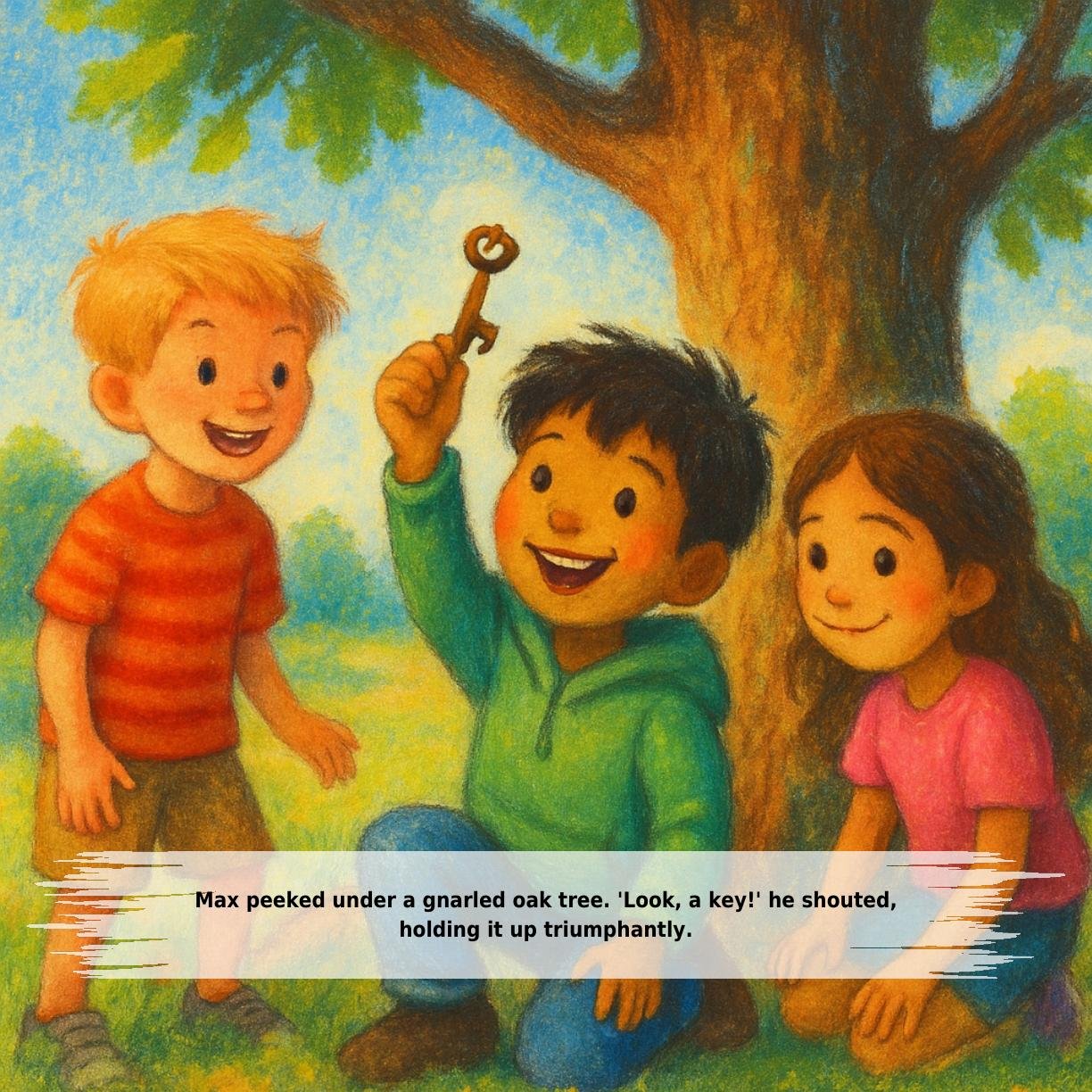 Max peeked under a gnarled oak tree. 'Look, a key!' he shouted,
holding it up triumphantly.
