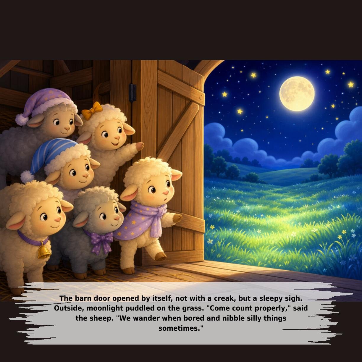 The barn door opened by itself, not with a creak, but a sleepy sigh.
Outside, moonlight puddled on the grass. "Come count properly," said
the sheep. "We wander when bored and nibble silly things
sometimes."
