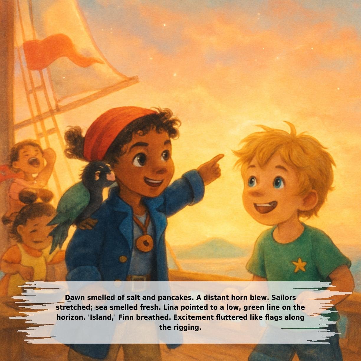 Dawn smelled of salt and pancakes. A distant horn blew. Sailors
stretched; sea smelled fresh. Lina pointed to a low, green line on the
horizon. 'Island,' Finn breathed. Excitement fluttered like flags along
the rigging.