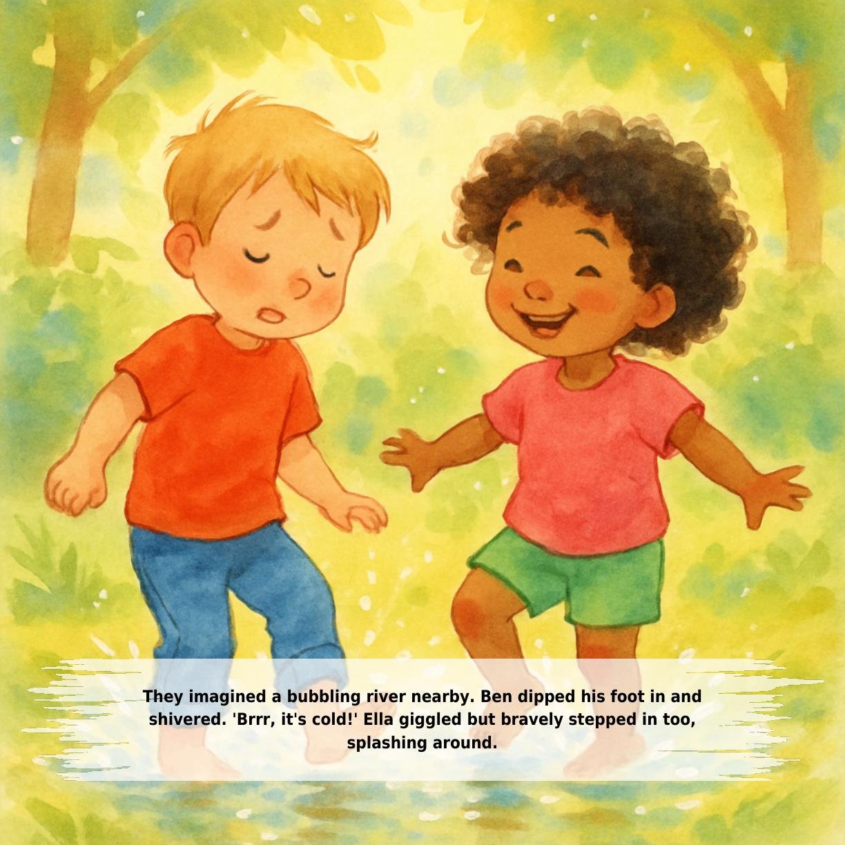 They imagined a bubbling river nearby. Ben dipped his foot in and
shivered. 'Brrr, it's cold!' Ella giggled but bravely stepped in too,
splashing around.