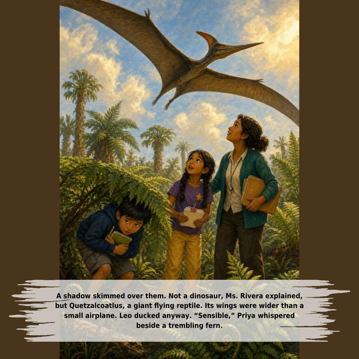 A shadow skimmed over them. Not a dinosaur, Ms. Rivera explained,
but Quetzalcoatlus, a giant flying reptile. Its wings were wider than a
small airplane. Leo ducked anyway. “Sensible,” Priya whispered
beside a trembling fern.