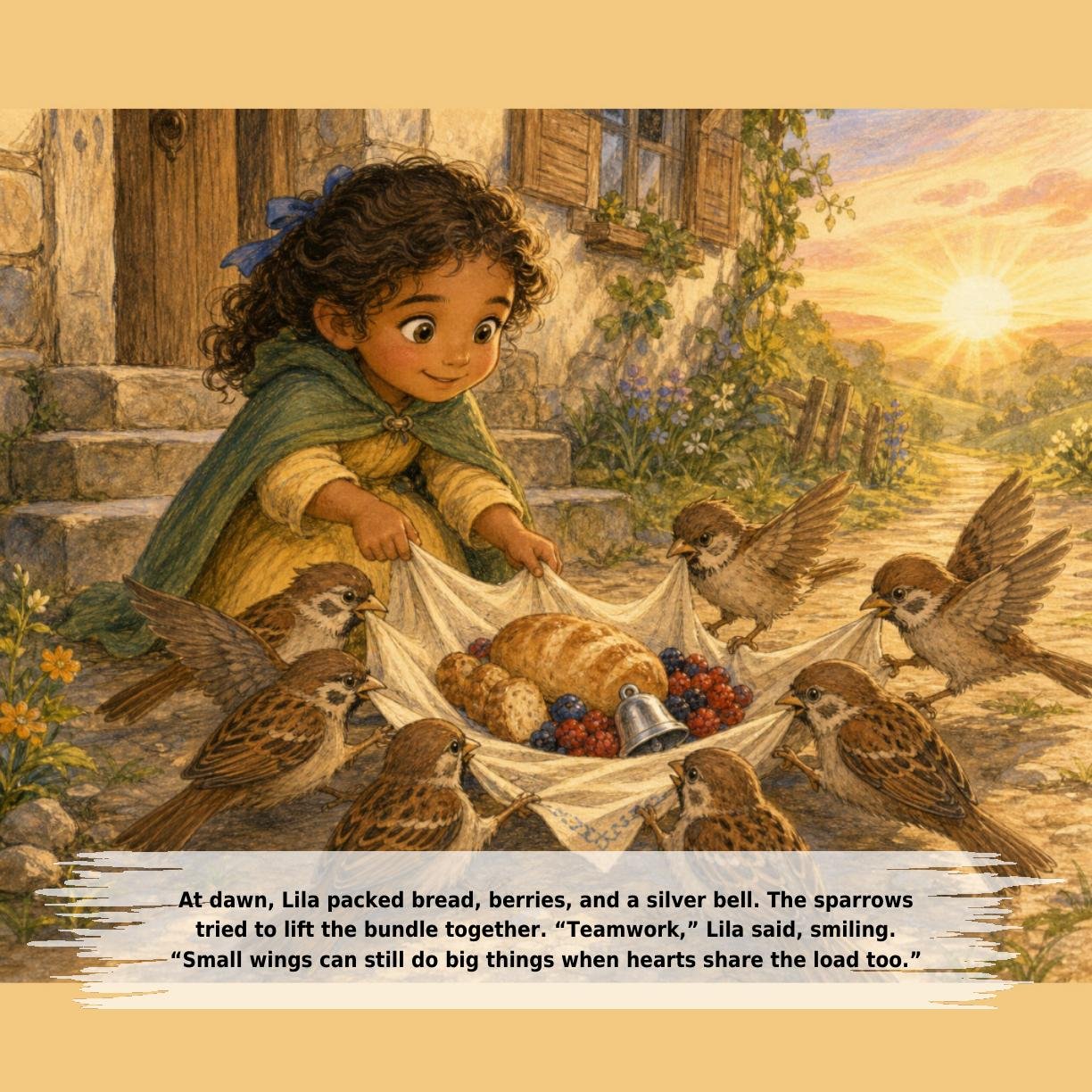 At dawn, Lila packed bread, berries, and a silver bell. The sparrows
tried to lift the bundle together. “Teamwork,” Lila said, smiling.
“Small wings can still do big things when hearts share the load too.”