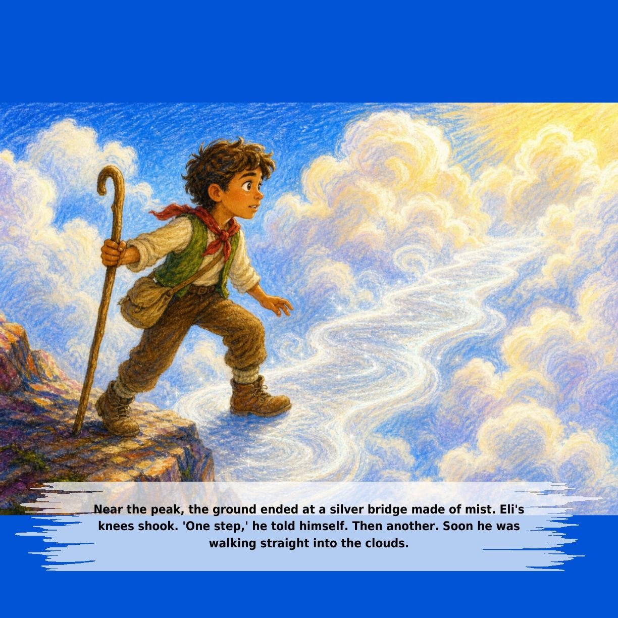 Near the peak, the ground ended at a silver bridge made of mist. Eli's
knees shook. 'One step,' he told himself. Then another. Soon he was
walking straight into the clouds.