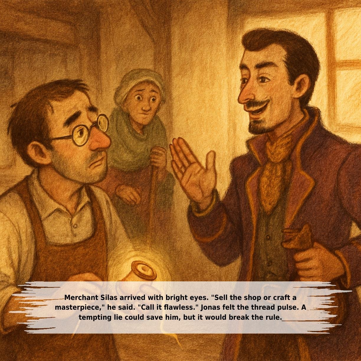 Merchant Silas arrived with bright eyes. "Sell the shop or craft a
masterpiece," he said. "Call it flawless." Jonas felt the thread pulse. A
tempting lie could save him, but it would break the rule.