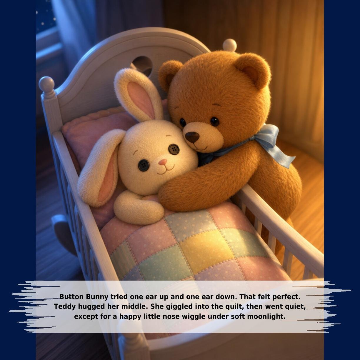 Button Bunny tried one ear up and one ear down. That felt perfect.
Teddy hugged her middle. She giggled into the quilt, then went quiet,
except for a happy little nose wiggle under soft moonlight.