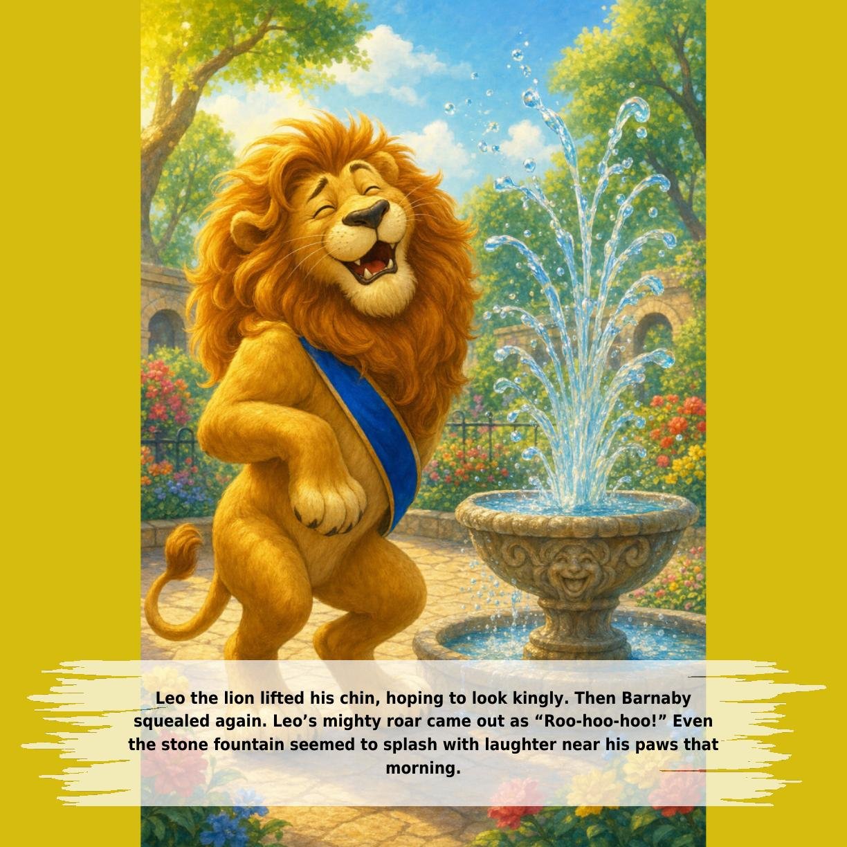 Leo the lion lifted his chin, hoping to look kingly. Then Barnaby
squealed again. Leo’s mighty roar came out as “Roo-hoo-hoo!” Even
the stone fountain seemed to splash with laughter near his paws that
morning.