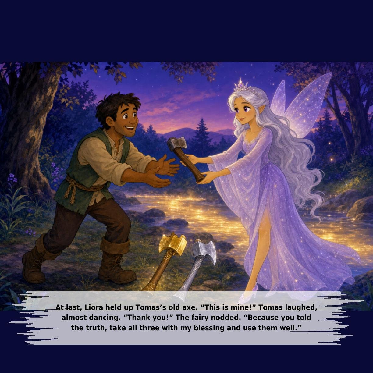At last, Liora held up Tomas’s old axe. “This is mine!” Tomas laughed,
almost dancing. “Thank you!” The fairy nodded. “Because you told
the truth, take all three with my blessing and use them well.”