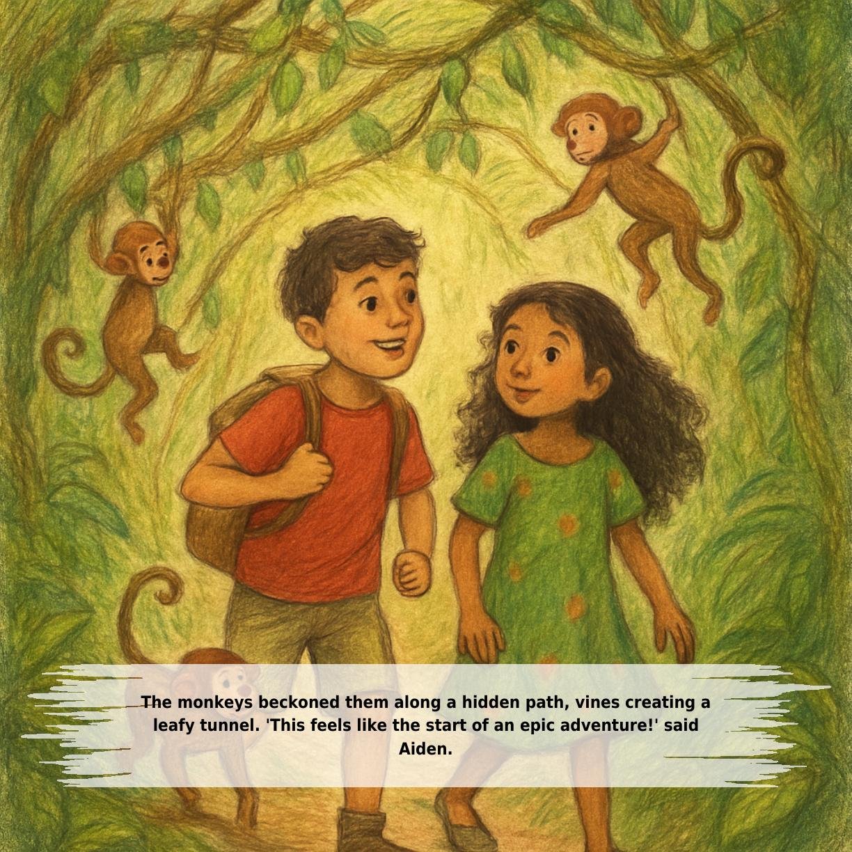 The monkeys beckoned them along a hidden path, vines creating a
leafy tunnel. 'This feels like the start of an epic adventure!' said
Aiden.