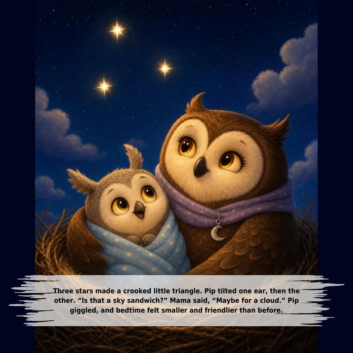 Three stars made a crooked little triangle. Pip tilted one ear, then the
other. “Is that a sky sandwich?” Mama said, “Maybe for a cloud.” Pip
giggled, and bedtime felt smaller and friendlier than before.