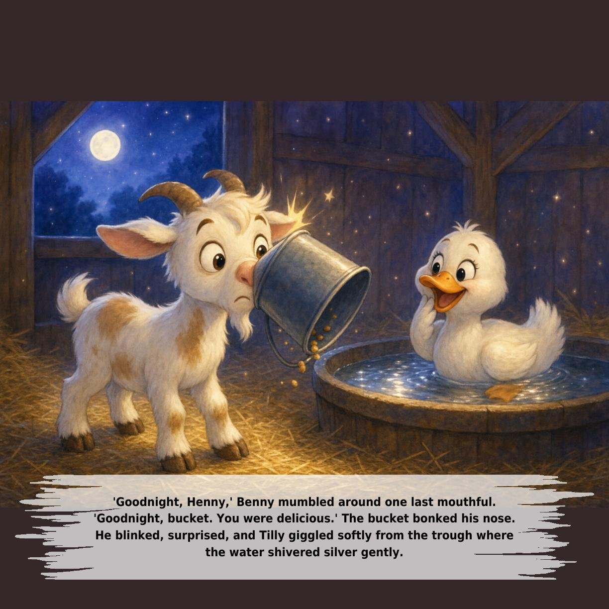 'Goodnight, Henny,' Benny mumbled around one last mouthful.
'Goodnight, bucket. You were delicious.' The bucket bonked his nose.
He blinked, surprised, and Tilly giggled softly from the trough where
the water shivered silver gently.