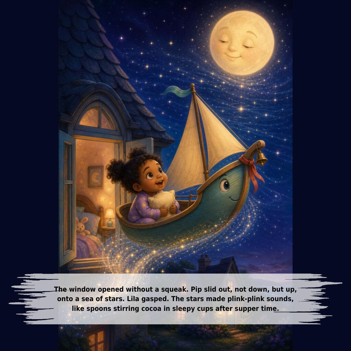 The window opened without a squeak. Pip slid out, not down, but up,
onto a sea of stars. Lila gasped. The stars made plink-plink sounds,
like spoons stirring cocoa in sleepy cups after supper time.