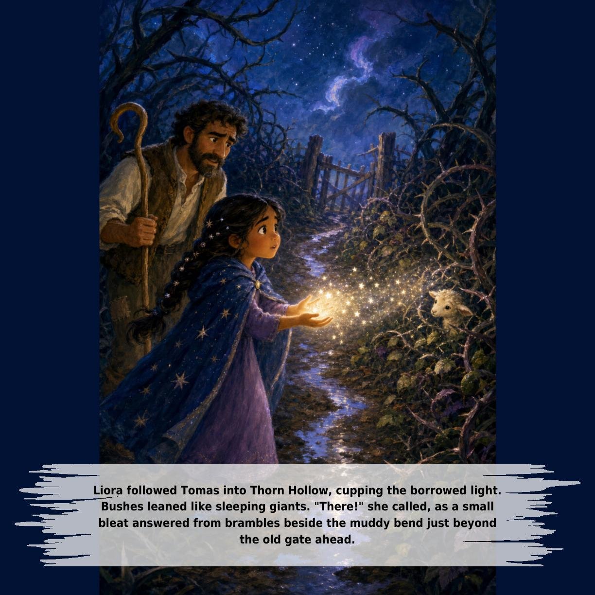 Liora followed Tomas into Thorn Hollow, cupping the borrowed light.
Bushes leaned like sleeping giants. "There!" she called, as a small
bleat answered from brambles beside the muddy bend just beyond
the old gate ahead.