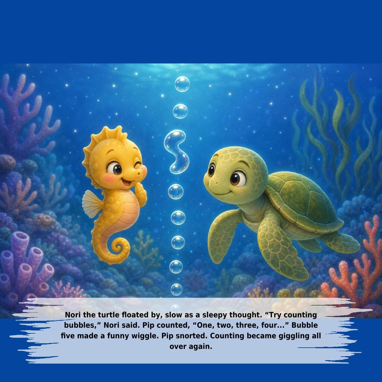 Nori the turtle floated by, slow as a sleepy thought. “Try counting
bubbles,” Nori said. Pip counted, “One, two, three, four...” Bubble
five made a funny wiggle. Pip snorted. Counting became giggling all
over again.