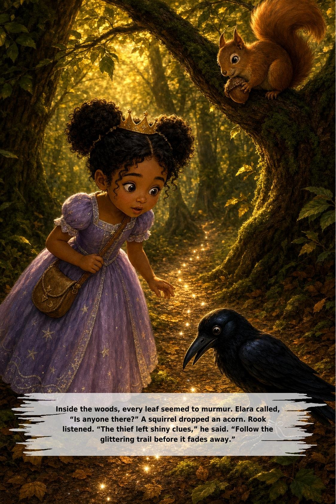 Inside the woods, every leaf seemed to murmur. Elara called,
“Is anyone there?” A squirrel dropped an acorn. Rook
listened. “The thief left shiny clues,” he said. “Follow the
glittering trail before it fades away.”