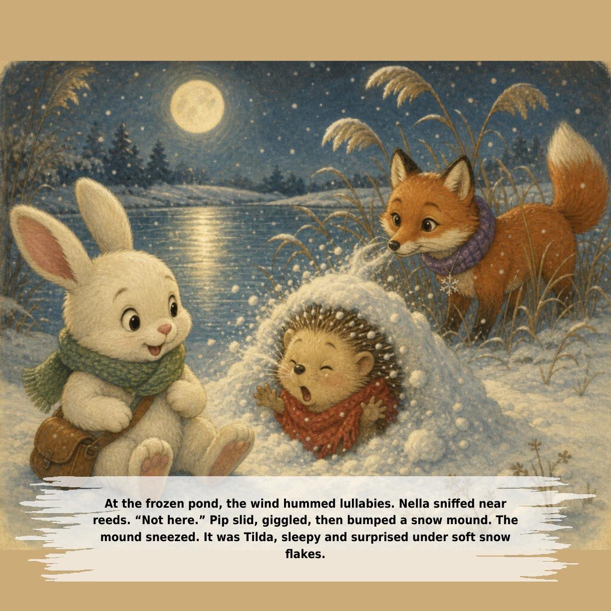 At the frozen pond, the wind hummed lullabies. Nella sniffed near
reeds. “Not here.” Pip slid, giggled, then bumped a snow mound. The
mound sneezed. It was Tilda, sleepy and surprised under soft snow
flakes.