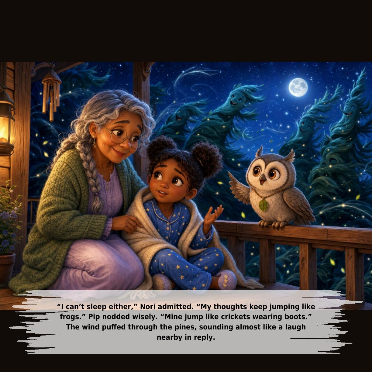 “I can’t sleep either,” Nori admitted. “My thoughts keep jumping like
frogs.” Pip nodded wisely. “Mine jump like crickets wearing boots.”
The wind puffed through the pines, sounding almost like a laugh
nearby in reply.