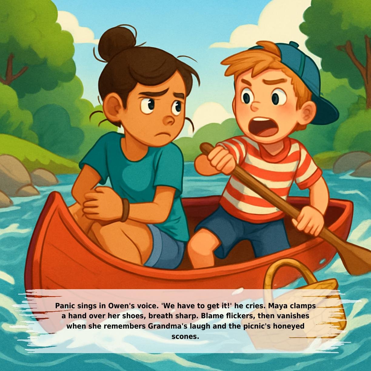 Panic sings in Owen's voice. 'We have to get it!' he cries. Maya clamps
a hand over her shoes, breath sharp. Blame flickers, then vanishes
when she remembers Grandma's laugh and the picnic's honeyed
scones.