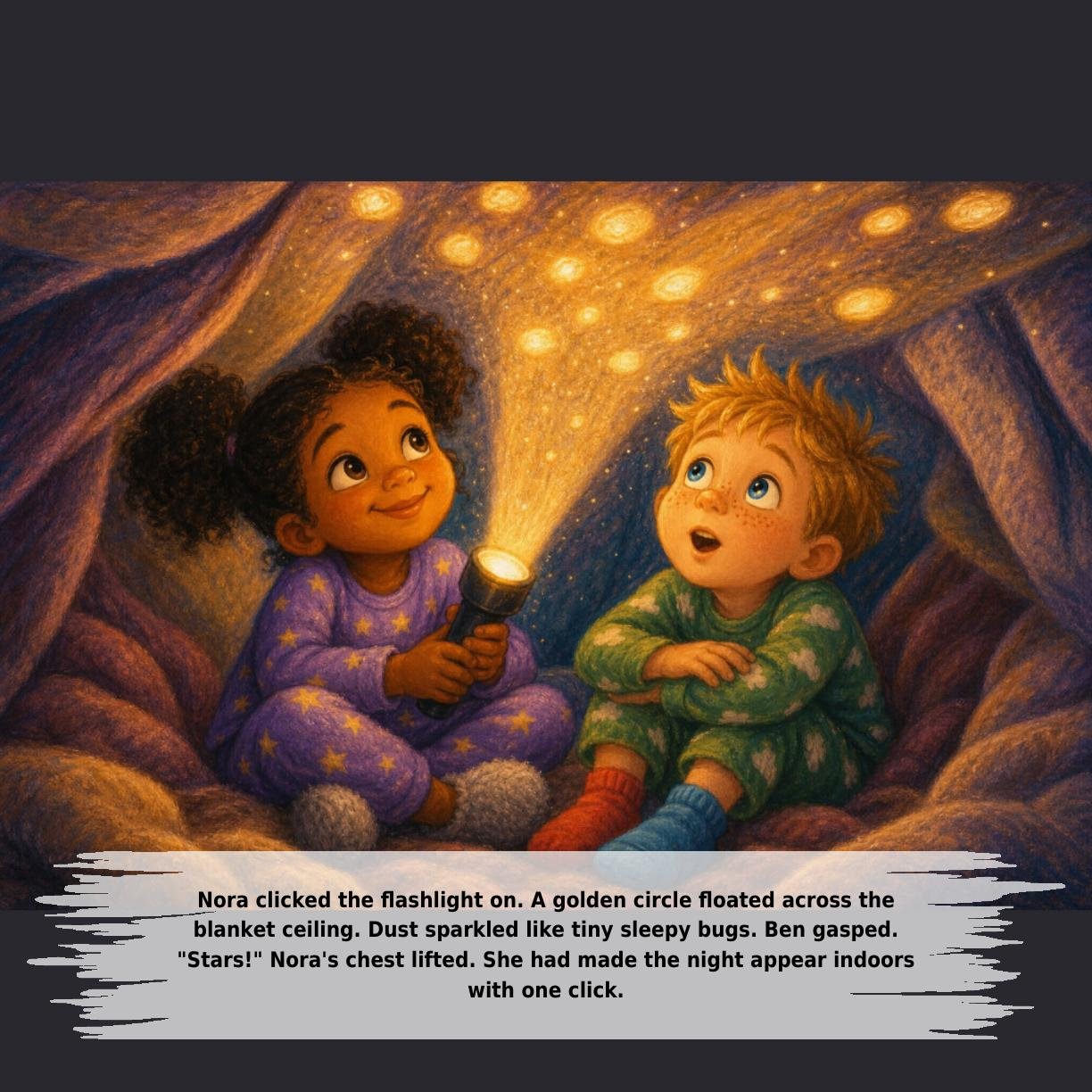 Nora clicked the flashlight on. A golden circle floated across the
blanket ceiling. Dust sparkled like tiny sleepy bugs. Ben gasped.
"Stars!" Nora's chest lifted. She had made the night appear indoors
with one click.