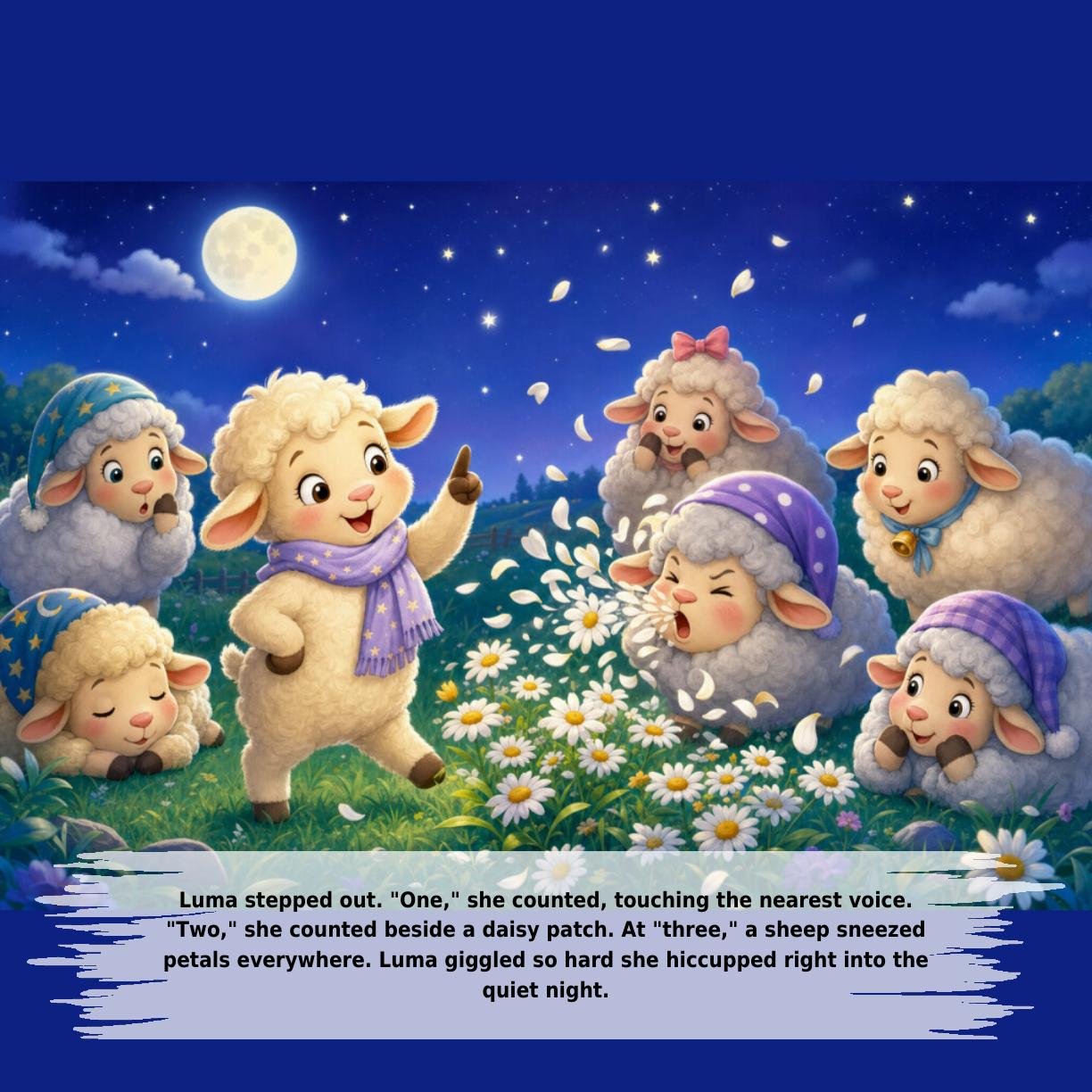 Luma stepped out. "One," she counted, touching the nearest voice.
"Two," she counted beside a daisy patch. At "three," a sheep sneezed
petals everywhere. Luma giggled so hard she hiccupped right into the
quiet night.