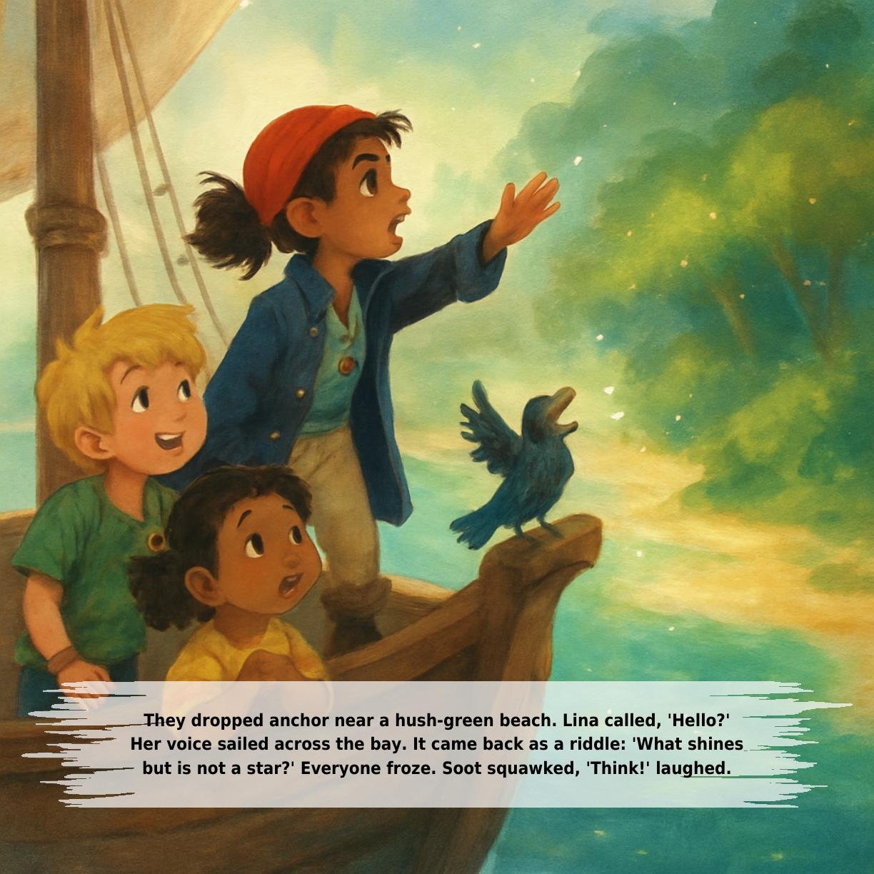 They dropped anchor near a hush-green beach. Lina called, 'Hello?'
Her voice sailed across the bay. It came back as a riddle: 'What shines
but is not a star?' Everyone froze. Soot squawked, 'Think!' laughed.