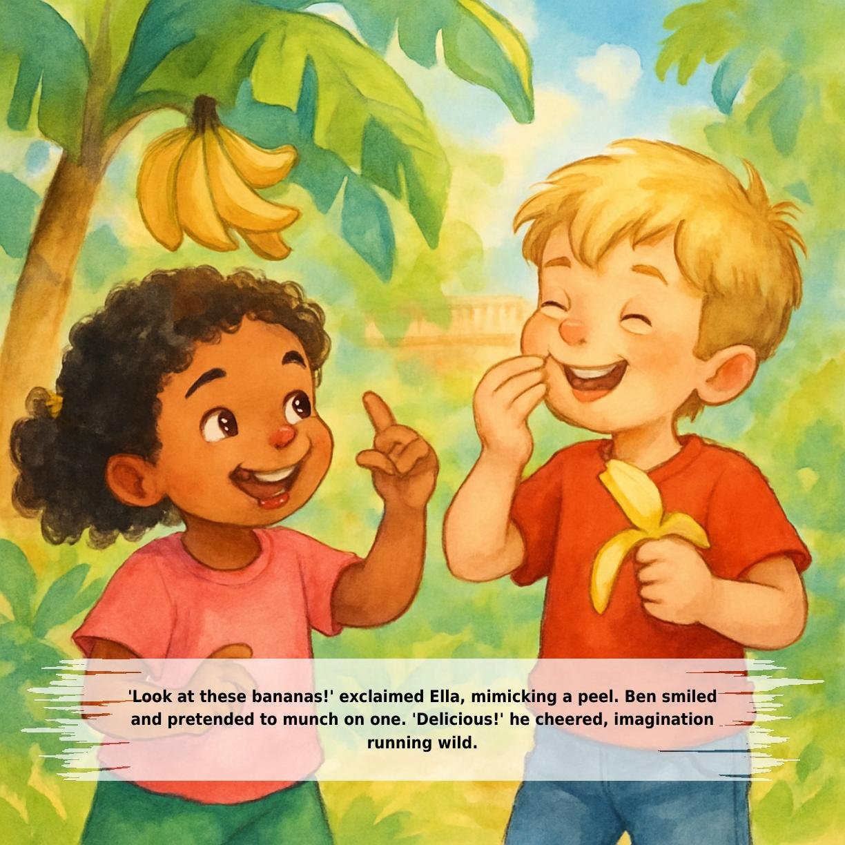 'Look at these bananas!' exclaimed Ella, mimicking a peel. Ben smiled
and pretended to munch on one. 'Delicious!' he cheered, imagination
running wild.