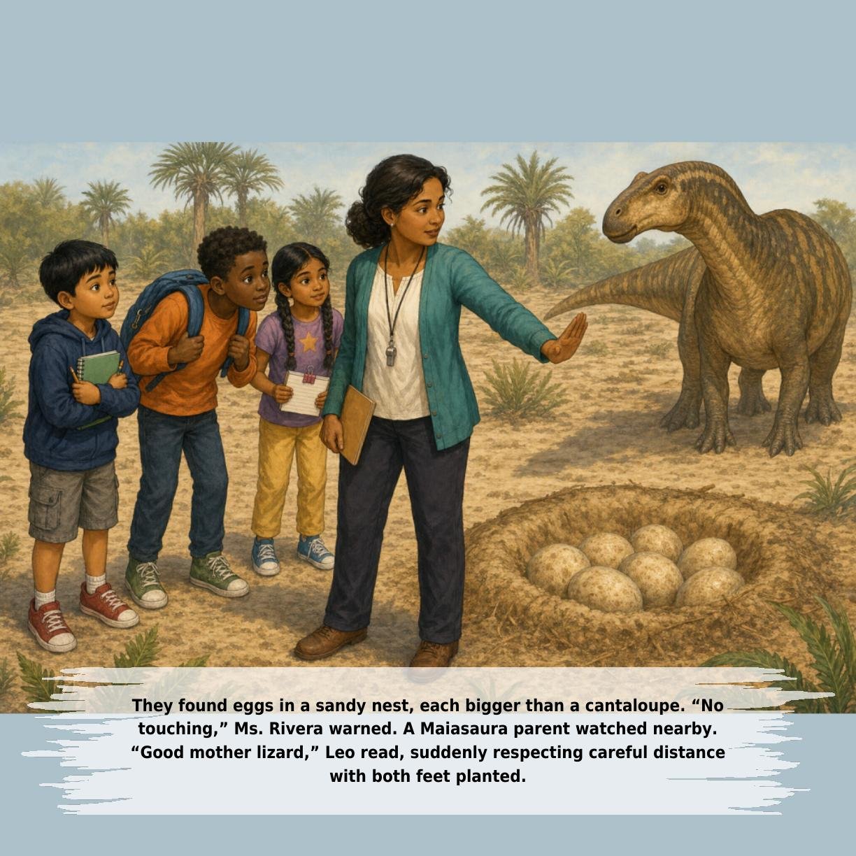 They found eggs in a sandy nest, each bigger than a cantaloupe. “No
touching,” Ms. Rivera warned. A Maiasaura parent watched nearby.
“Good mother lizard,” Leo read, suddenly respecting careful distance
with both feet planted.