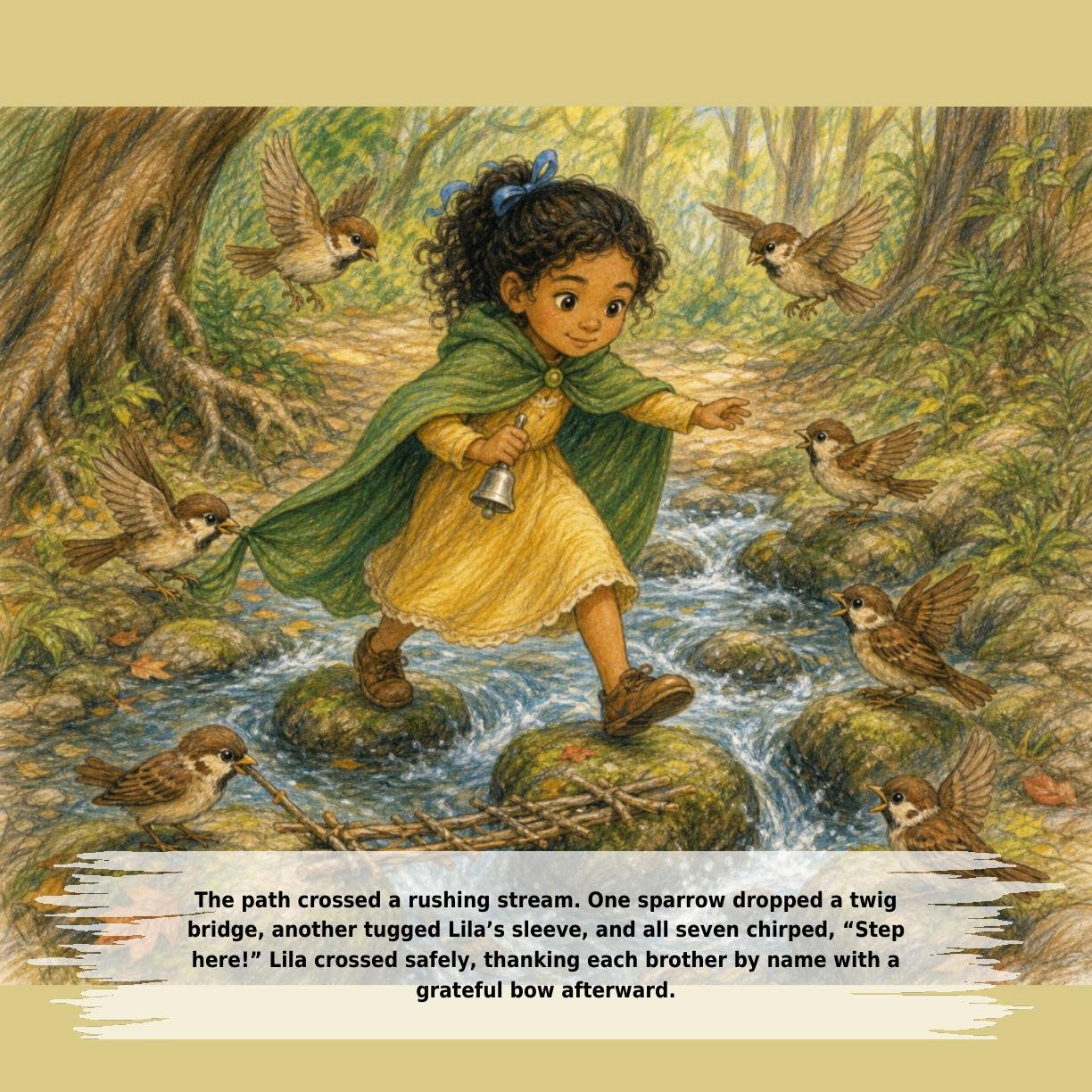 The path crossed a rushing stream. One sparrow dropped a twig
bridge, another tugged Lila’s sleeve, and all seven chirped, “Step
here!” Lila crossed safely, thanking each brother by name with a
grateful bow afterward.