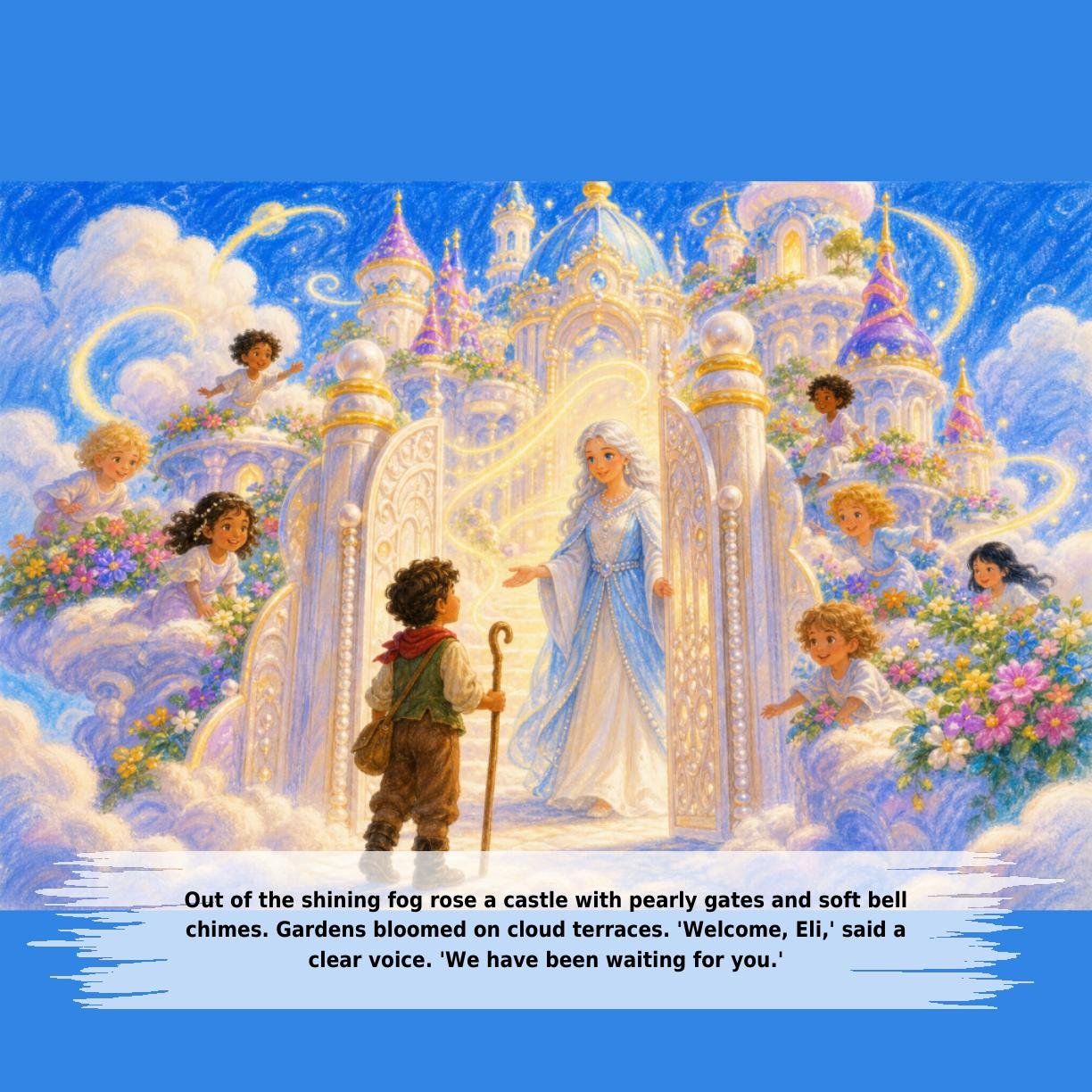 Out of the shining fog rose a castle with pearly gates and soft bell
chimes. Gardens bloomed on cloud terraces. 'Welcome, Eli,' said a
clear voice. 'We have been waiting for you.'