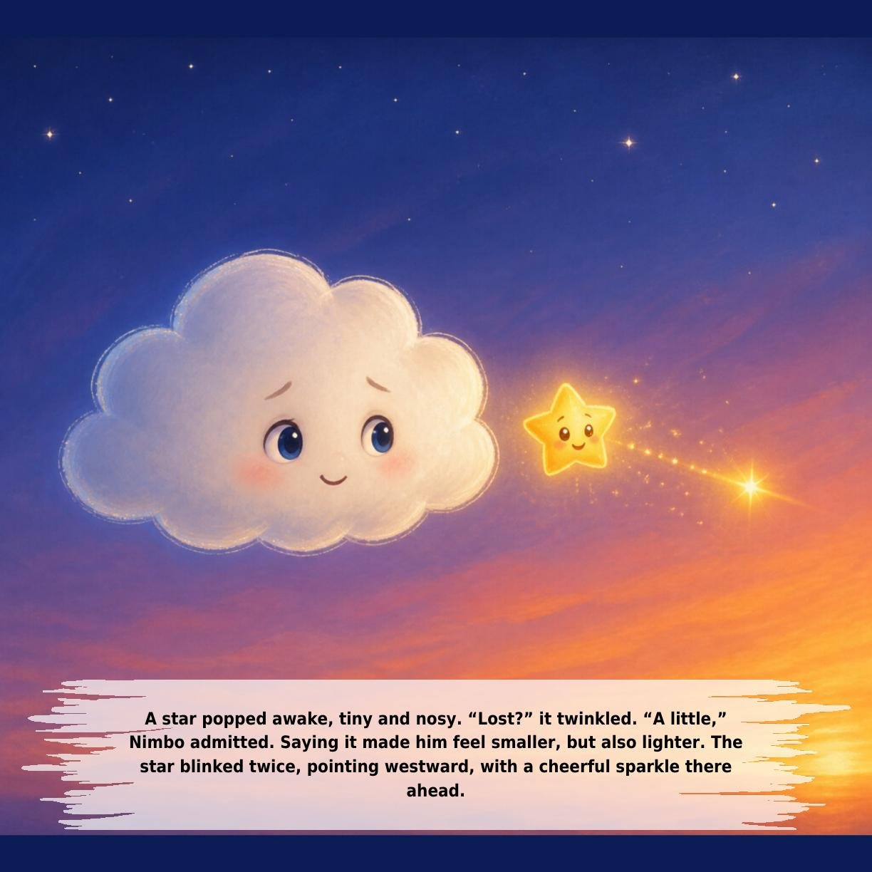 A star popped awake, tiny and nosy. “Lost?” it twinkled. “A little,”
Nimbo admitted. Saying it made him feel smaller, but also lighter. The
star blinked twice, pointing westward, with a cheerful sparkle there
ahead.