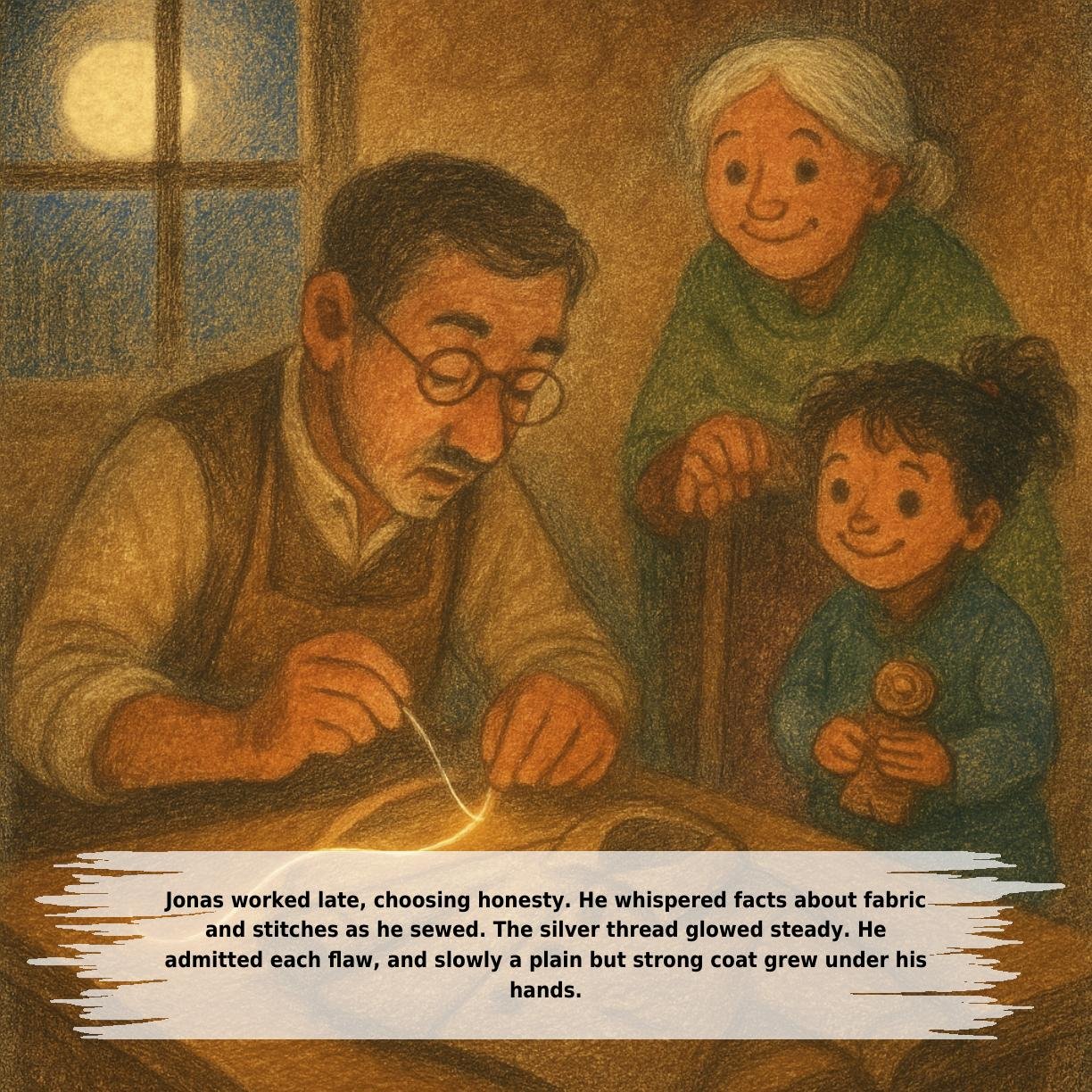 Jonas worked late, choosing honesty. He whispered facts about fabric
and stitches as he sewed. The silver thread glowed steady. He
admitted each flaw, and slowly a plain but strong coat grew under his
hands.