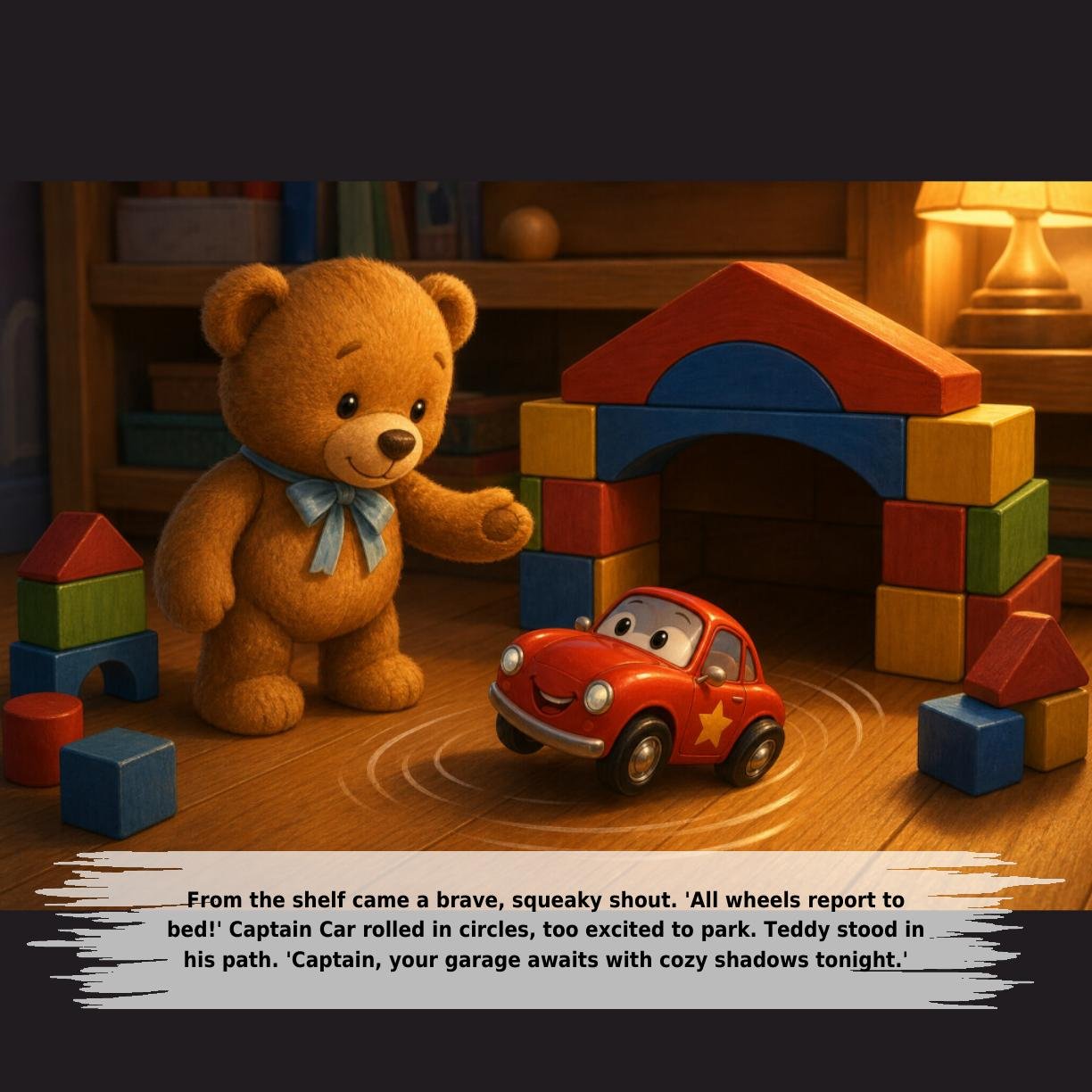 From the shelf came a brave, squeaky shout. 'All wheels report to
bed!' Captain Car rolled in circles, too excited to park. Teddy stood in
his path. 'Captain, your garage awaits with cozy shadows tonight.'